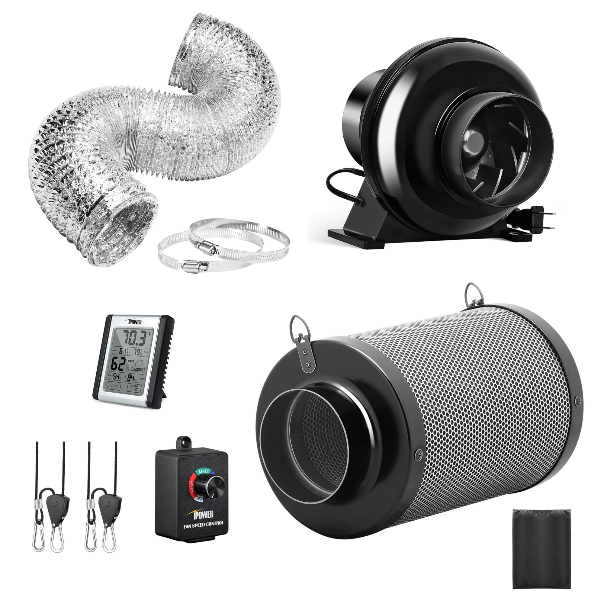 Ventilador En Línea Ipower De 4 Pulgadas Y 195 Cfm Con Controlador De Velocidad, Filtro De Aire De Carbón, Conducto Flexible De 8 Pies