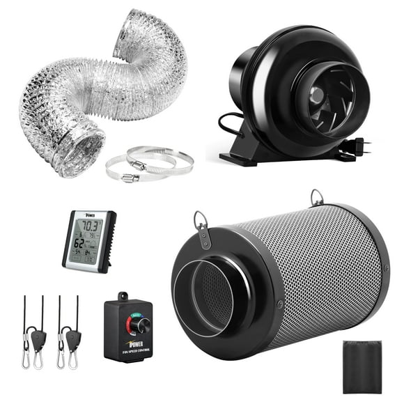 Ventilador en línea iPower de 4 pulgadas y 195 CFM con controlador de velocidad, filtro de aire de carbón, conducto flexible de 8 pies