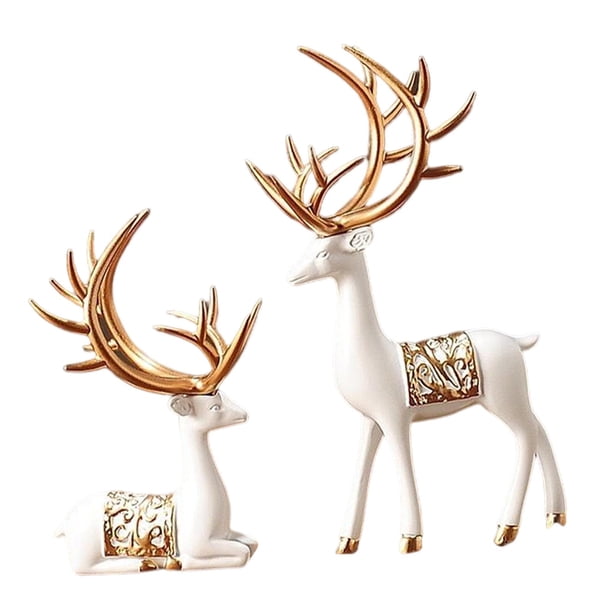2 estatuas de reno de estilo europeo, regalo, adorno de escultura de Animal, resina coleccionable creativa para mesa, restaurante, sala de estar, , Oro blanco