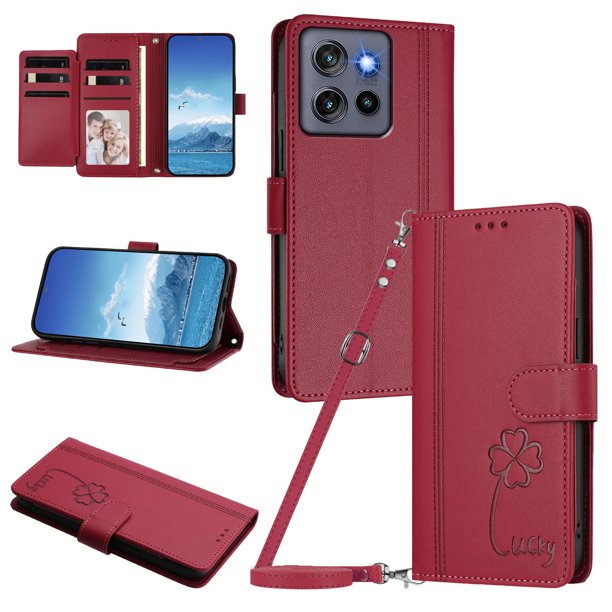 Funda Cartera Trébol para Motorola Edge 60 Neo con Ranuras Tarjetas y Carga Inalámbrica Rojo