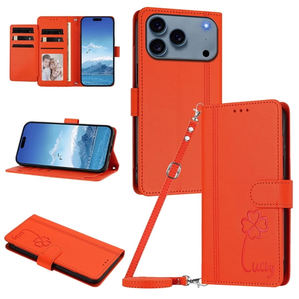 Funda Cartera Trébol para iPhone 17 Pro con Ranuras Tarjetas y Carga Inalámbrica Naranja