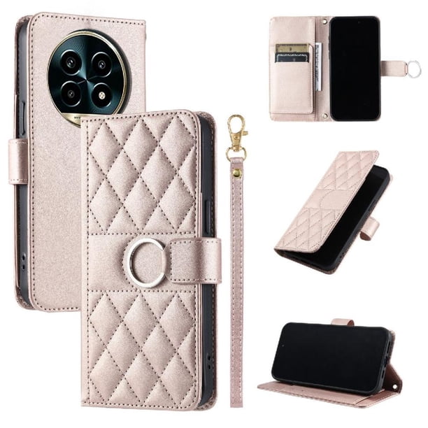 Funda Acolchada con Anilla y Correa para Realme 13 Pro Plus Slots para Tarjetas Oro rosa