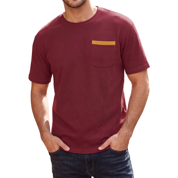INSPIRE CHIC Camiseta de Hombre Casual con Cuello Redondo y Bolsillo en el Pecho de Manga Corta Elástica M Roja