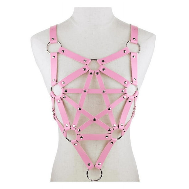 PU Leather Body Harness Fetish Punk Goth Metal Rivet Belt Strap Pentagram Bra