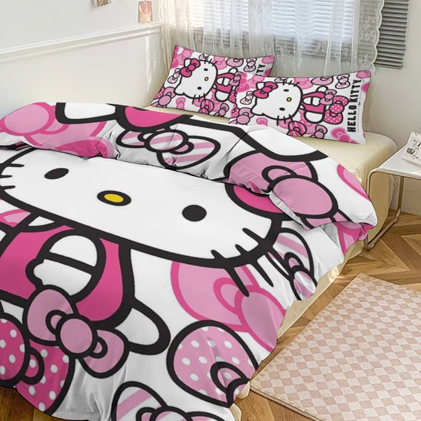 Cartoon Hello Kitty Comforter Bowknot 3-Piece Bed Sheets Warm Kawaii Bedding Set Cute Soft Bedclothes for Boys Girls Kids Twin