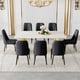 thumbnail image 2 of Table and chair set.The table has a glass top with imitation marble pattern stickers and stainless steel golden legs. Paried with 8 chairs with PU artificial leather backrest cushions.W1151S01565, 2 of 3