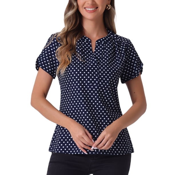 INSPIRE CHIC Blusa de lunares impresa para mujer de regreso a clases, cuello en V, manga corta, top para usar en el trabajo, talla M, azul oscuro