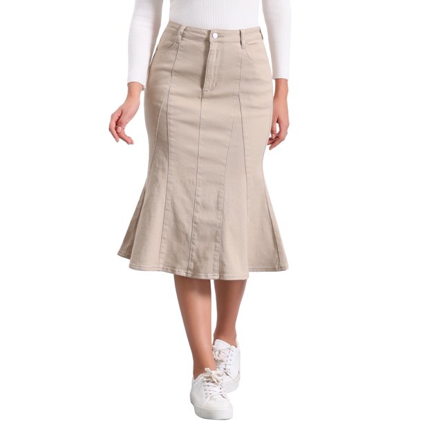 INSPIRE CHIC Falda de Mujer Vuelta al Cole Fishtail Bodycon de Cintura Alta Midi Jean Denim Falda Caqui Claro M