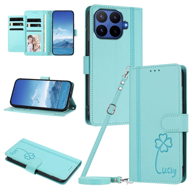 Funda Cartera Trébol para Xiaomi 17T con Ranuras Tarjetas y Carga Inalámbrica Verde menta