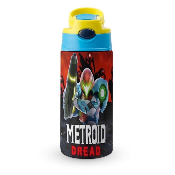 Metroid Dread Botella de Agua con Tapa Pop Top de Un Toque, Acero Inoxidable, a Prueba de Fugas, para Deportes, Botella Infantil azul 12 oz