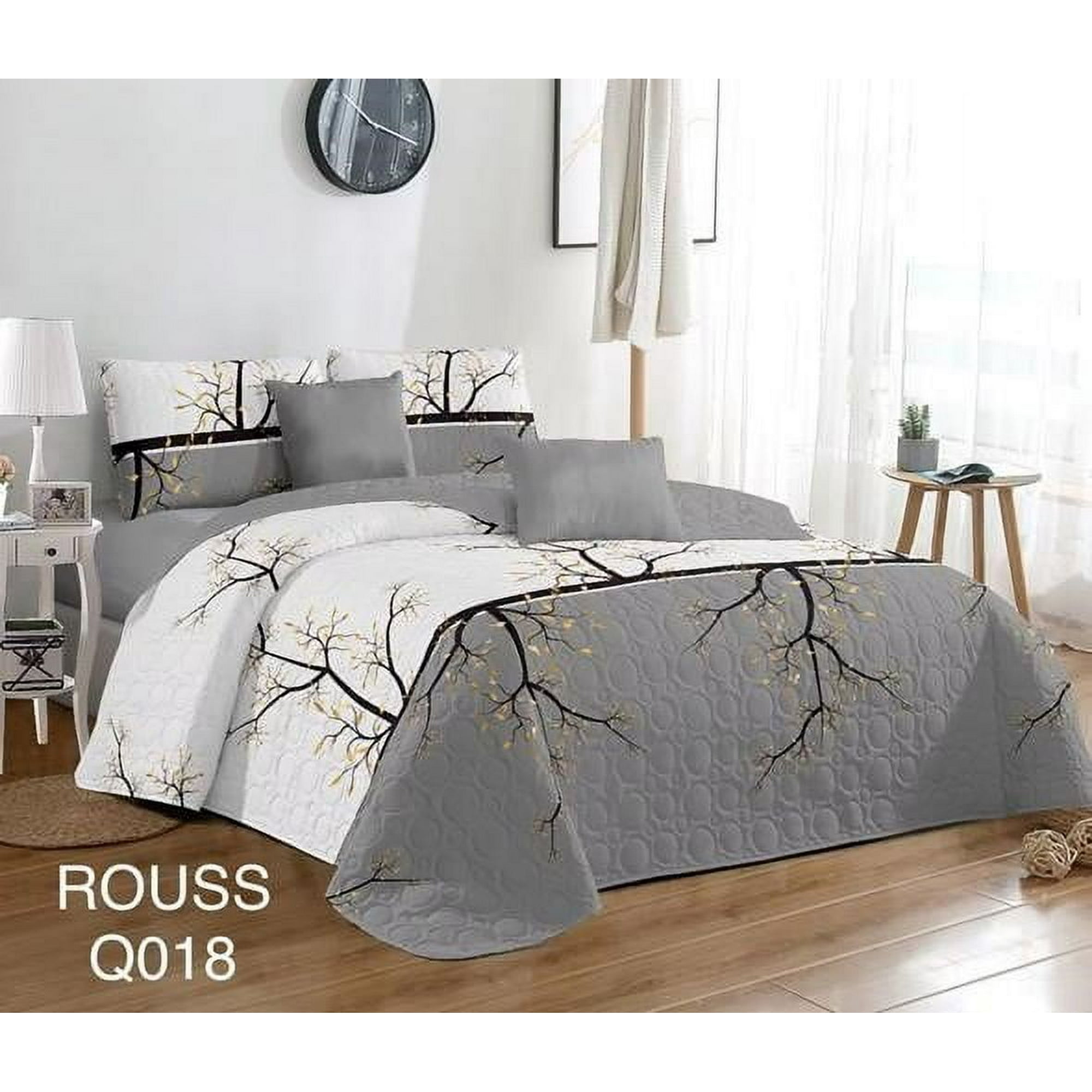 Aladdins Shop - Cobertor De Verano Tipo Quilt Tamaño 2 Plazas Blanco Y Gris Con Ramas