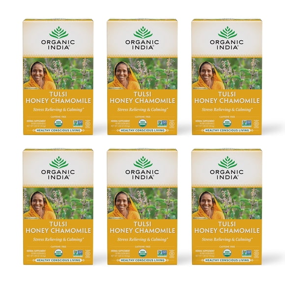 Té de hierbas orgánico de manzanilla y miel Tulsi de la India, paquete de 6