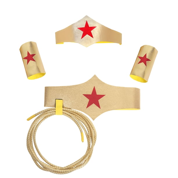 Conjunto de Disfraz Mujer Maravilla WUYLKZT – Tiara, Cinturón, Brazaletes y Lazo de 3 m en Dorado