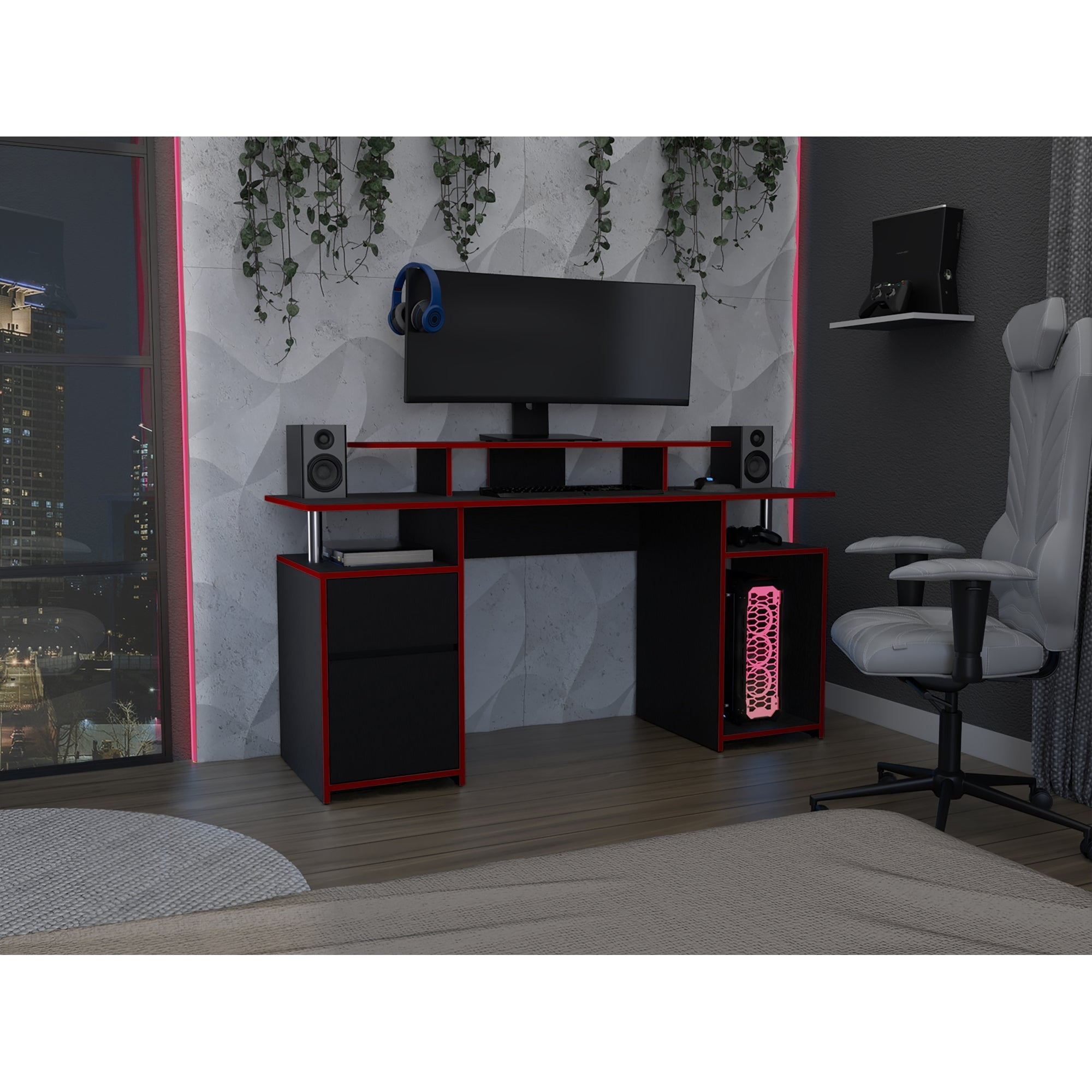 Tuhome - Escritorio Gamer Keria 2.0 Con Cajón Y Puerta | Mesa Gamer Wengue Rojo | Escritorio Gaming Con Almacenamiento