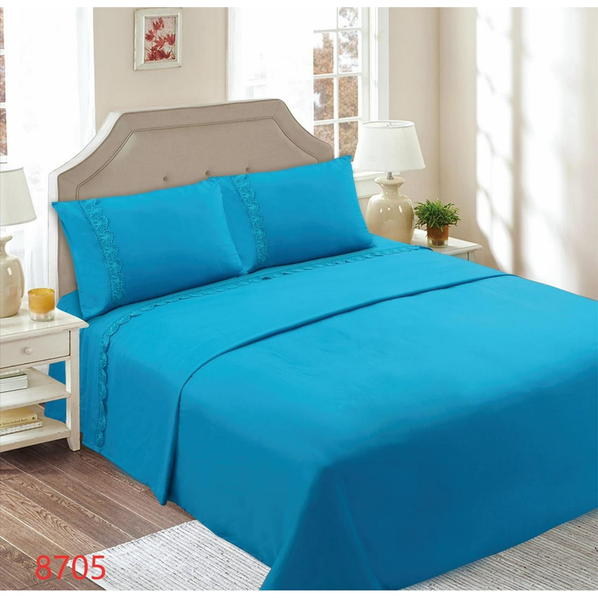 Genérico - Juego De Sábanas Con Broderie 2 Plazas - Celeste M8705