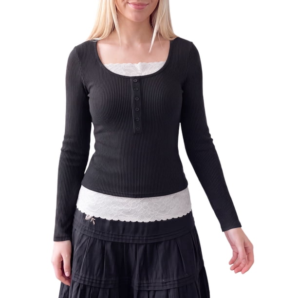 INSPIRE CHIC Camisetas de Mujer Henley Tops Acanalados Cuello Redondo Manga Larga Encaje en Contraste Botón Punto Frontal Ajustado Y2K Casual Blusas para Salir Talla X Grande Negro