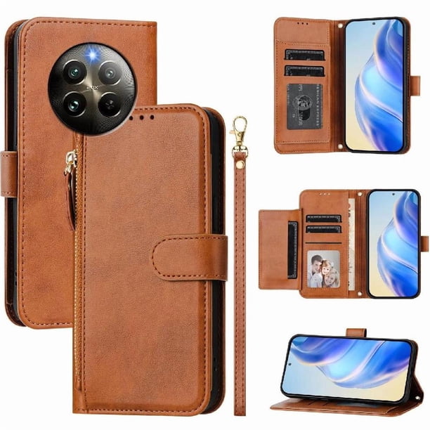 Funda tipo cartera para Realme Narzo 70 Pro 5G con bolsillo con cremallera, tarjetero, soporte, correa para la muñeca y tapa de cuero marrón