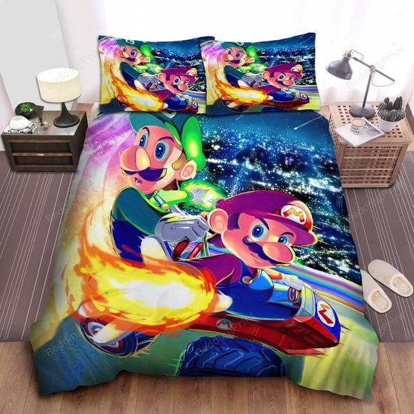 Super Mario Luigi Using Boosting On Racing Kart Quilt Duvet Cover Set 3-Piece Bedding Set