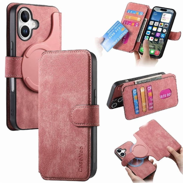 Funda Billetera Magnética para iPhone 16 Soporte Tarjetas Desmontable Rosa