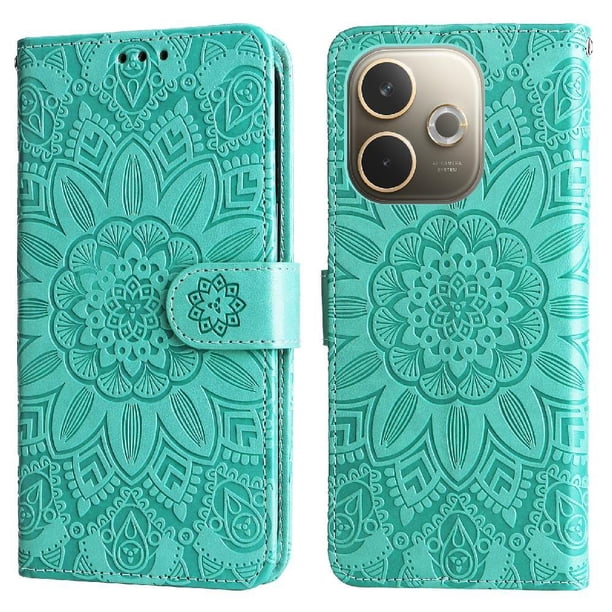 Funda tipo cartera FOXDOCK para OPPO A5 Pro , diseño girasol en relieve, cuero PU, cierre magnético, soporte y tarjetero