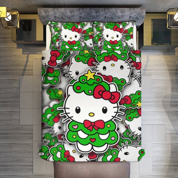 Merry Christmas Hello Kitty1 3 Pieces Duvet Cover Set Full Size Super Soft Fade Resistant Microfiber