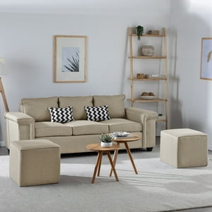 Muebles Cottoni - Sofá 3 Cuerpos Sicilia + 2 Pouf Tela Beige