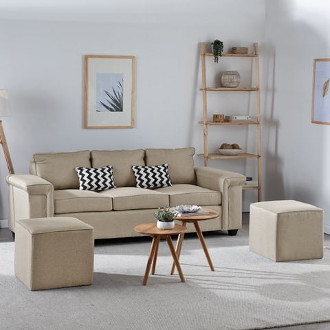 Muebles Cottoni - Sofá 3 Cuerpos Sicilia + 2 Pouf Tela Beige
