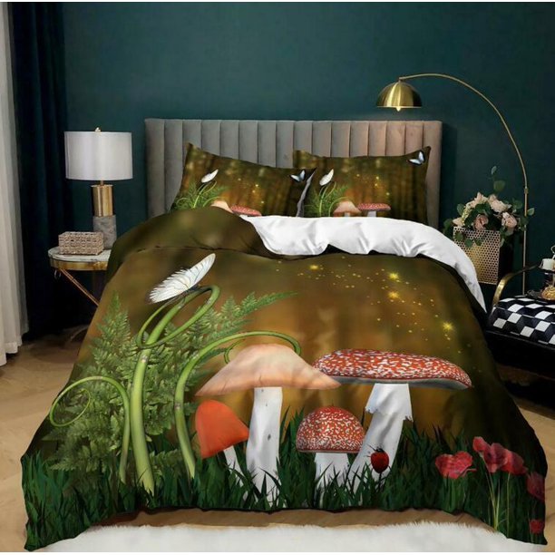 Nature Mushroom World Quilt Duvet Cover Set Soft Bedclothes Children3-Piece Bedding Set