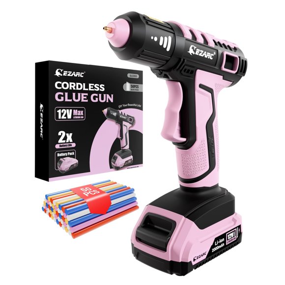 Pistola de pegamento caliente EZARC 12V sin cable, 50 barras, rosa