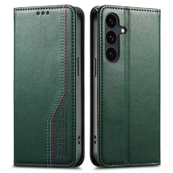 Funda tipo cartera para Samsung Galaxy S24 Fe de piel con cierre magnético, ranuras para tarjetas y correa para la muñeca Verde