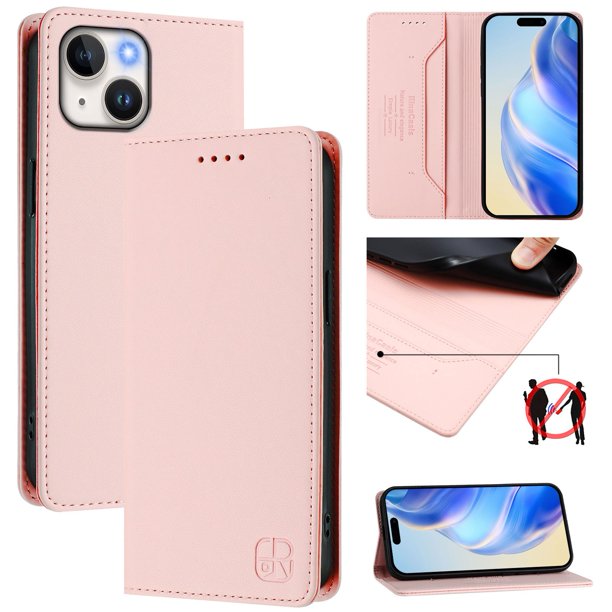 Funda Billetera con Soporte para iPhone 13/iPhone 14 Bloqueo RFID Plegable Rosa