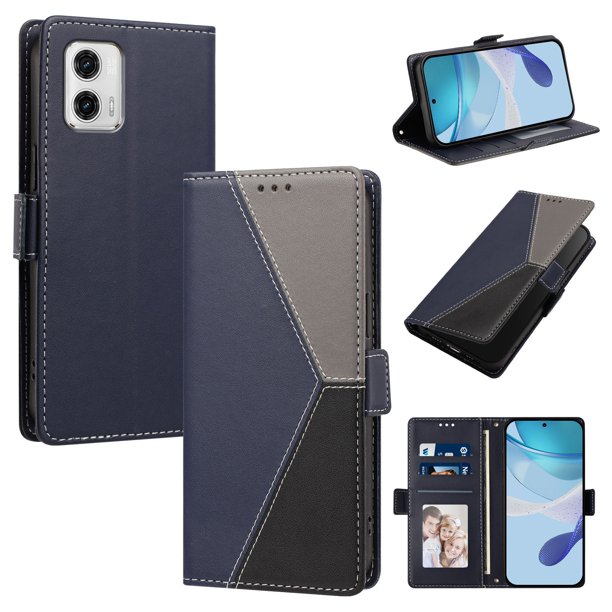 Cartera Plegable para Motorola Moto G73, PU Tricolor con Ranuras, Azul Oscuro