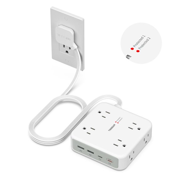 Regleta Protector de Sobretensión TESSAN 8 Contactos 4 USB 20W Gris