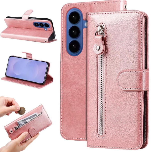 Funda tipo cartera para Samsung Galaxy S26 Plus con bolsillo con cremallera y ranuras para tarjetas – Función de soporte Rosa
