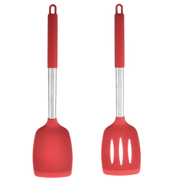 Utensilios de cocina de 2 piezas, cabezales de silicona aptos para uso alimentario y mangos de acero inoxidable, color rojo