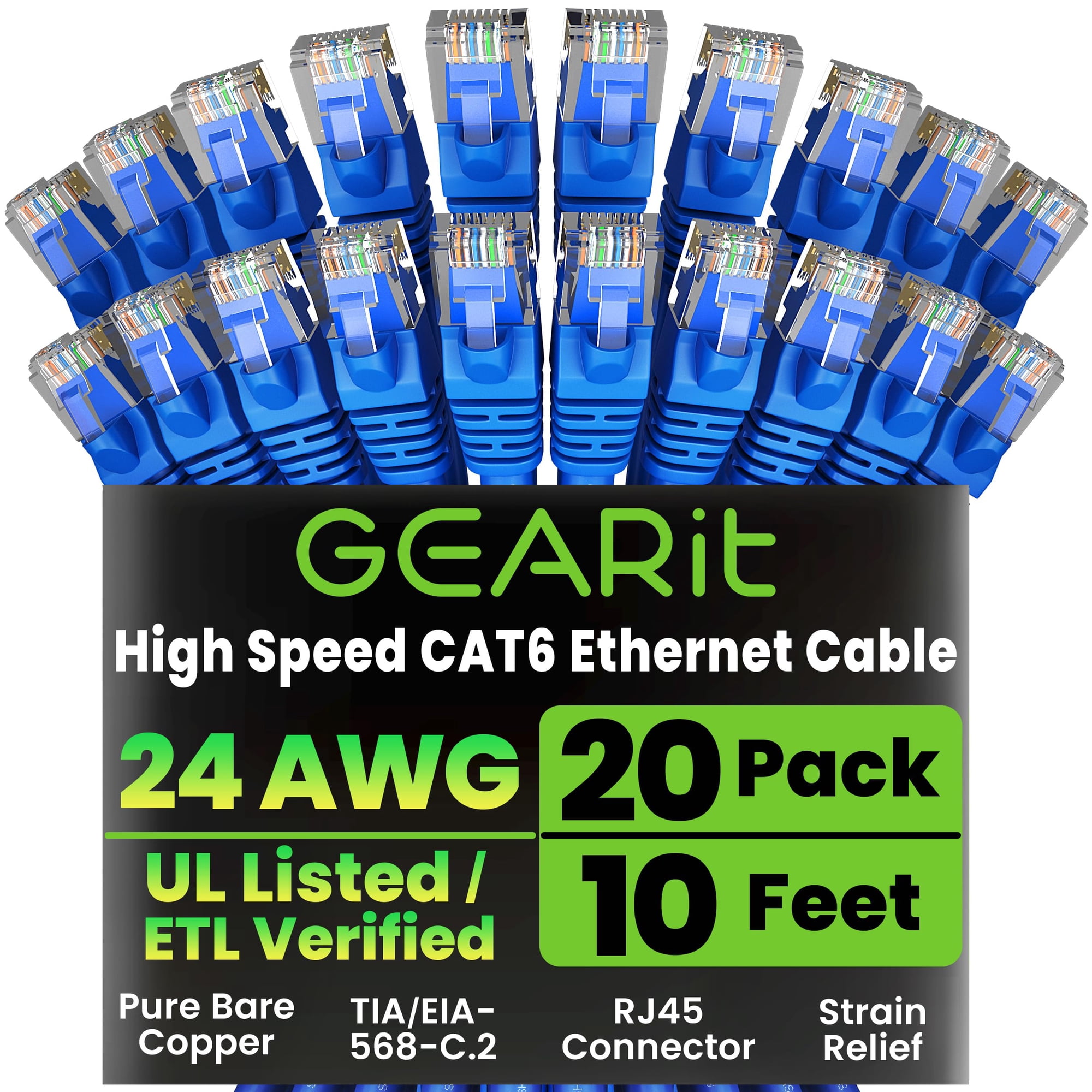 Cable Ethernet Gearit Cat 6, 10 Pies, 20 Unidades, 10 Gbps, Rj45, Azul
