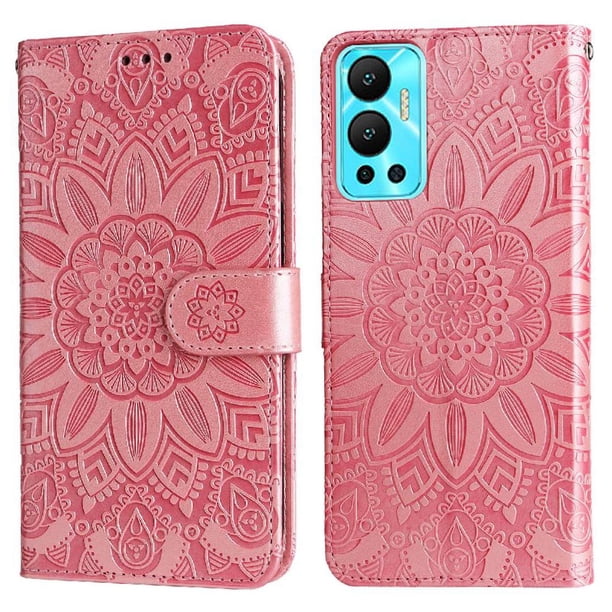Funda tipo cartera FOXDOCK para Infinix Hot 12 , diseño girasol en relieve, cuero PU, cierre magnético, soporte y tarjetero