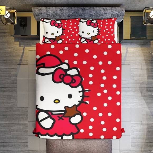 Merry Christmas Hello Kitty Polka Dot Bow 3 Pieces Duvet Cover Set Full Size Super Soft Fade Resistant Microfiber