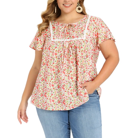 GRACE & GRANDEUR Blusa de Mujer Talla Grande para Escuela Colegio Pascua con Estampado Floral, Detalle de Pliegues, Cuello con Lazo, Mangas con Volantes, Blusas de Vacaciones de Verano 2X Rosa