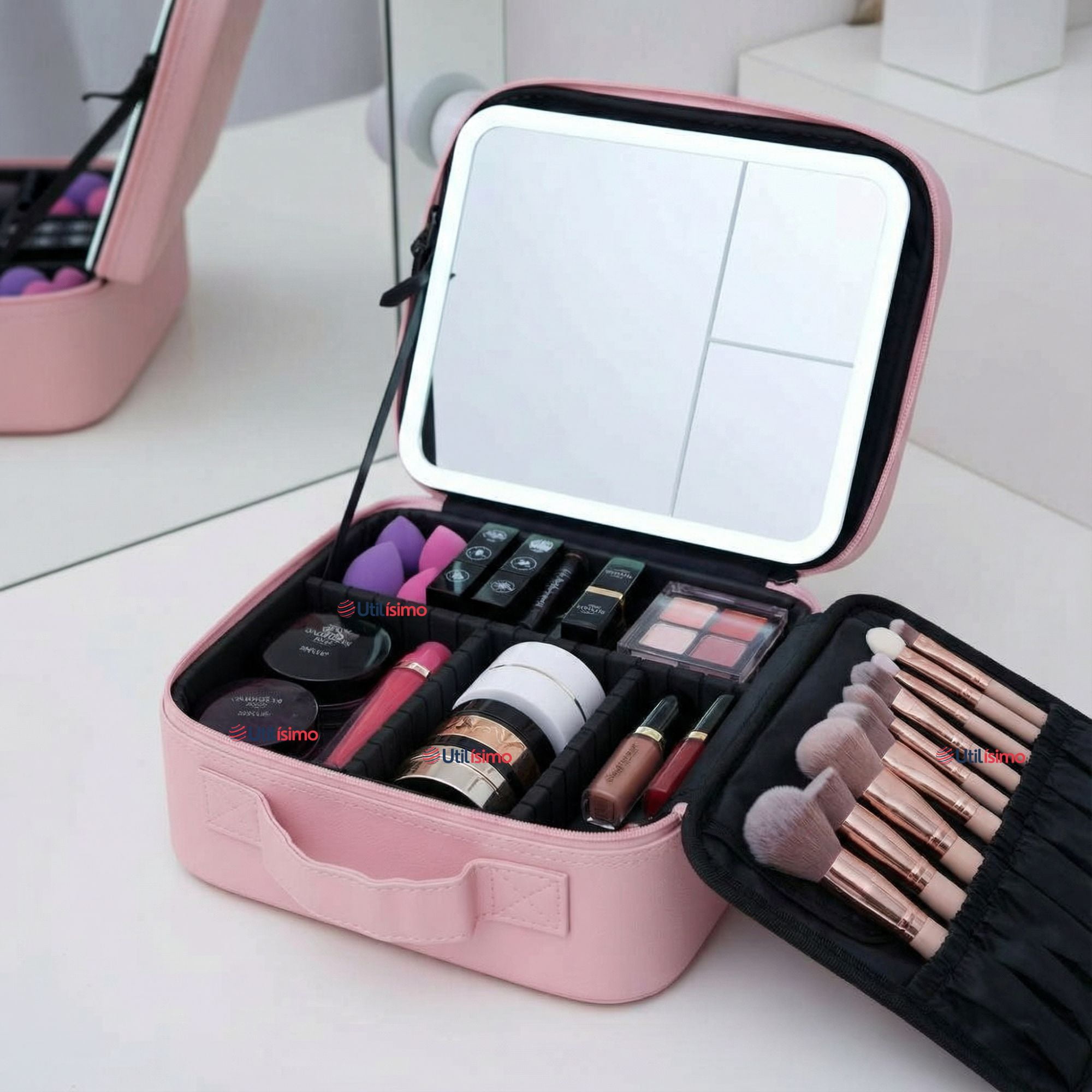 Line - Estuche Maquillaje 2 En 1 Bolso Cosmetiquero Espejo Con Luz Led Organizador