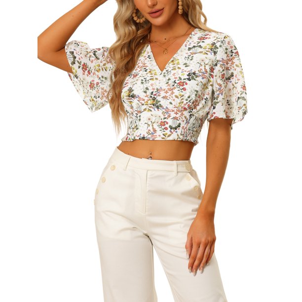 INSPIRE CHIC Blusa de Mujer con Estampado Floral, Escote en V, Mangas Acampanadas, Dobladillo Fruncido, Blanca XL