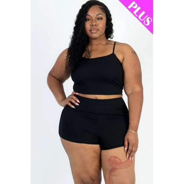 Saronite Conjunto de Top Corto de Punto Acanalado Liso con Tirantes Ajustables, Shorts Fruncidos y Cinturilla Elástica, Negro (Talla Grande para Mujer)