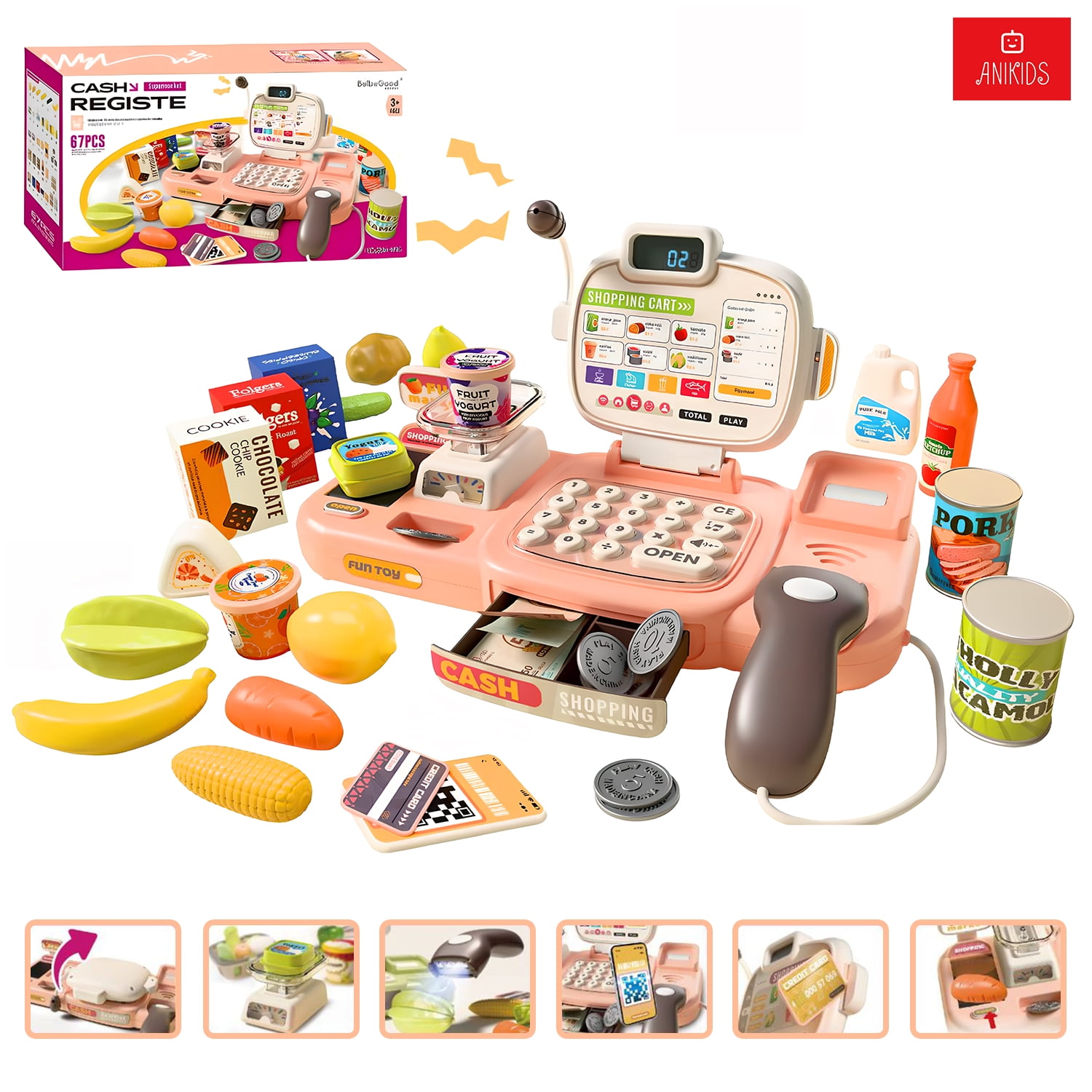 Anikids - Caja Registradora Infantil Niños Juguete Didáctico 67 Piezas Rosa