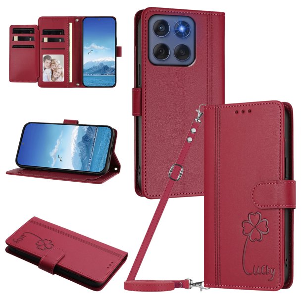 Funda Cartera Trébol para Motorola Edge 2025 5G con Ranuras Tarjetas y Carga Inalámbrica Rojo