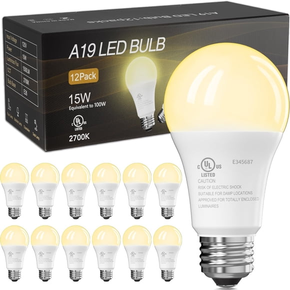 Lámpara LED TJOY A19 15W 1500 lm 2700K E26 equivalente a 100W, 12 unidades