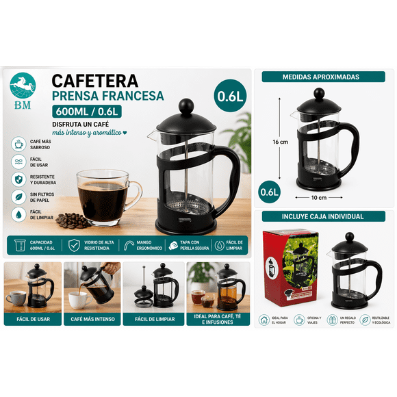 Prensa Francesa 0.6L Cafetera de Vidrio para Café y Té