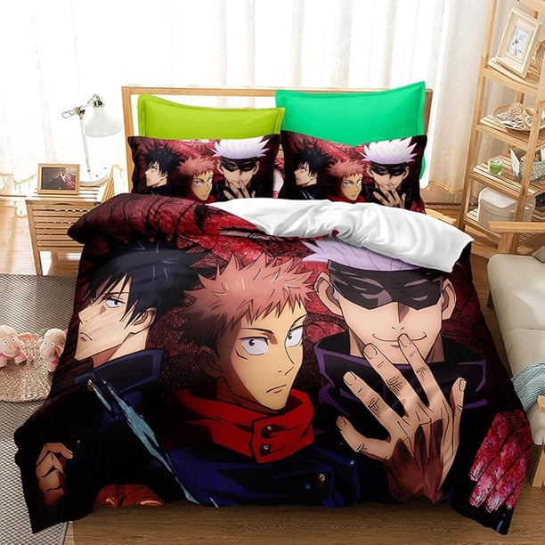 Anime- 3D Cartoo-n Cute Juj-utsu -Kai-sen 3 P-iece Anime Gir-l Comf-orter Set Boy-s and Girl-s Bed-ding Set -Super Soft Co-mforter Zipp-er 2 P-illowcas-es for Girl-s Boys