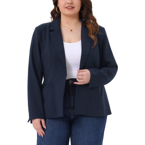Agnes Orinda Chaqueta Casual de Negocios para Mujer Talla Grande, Manga Larga, Botón, Abierta al Frente, con Bolsillos 4X Azul Marino