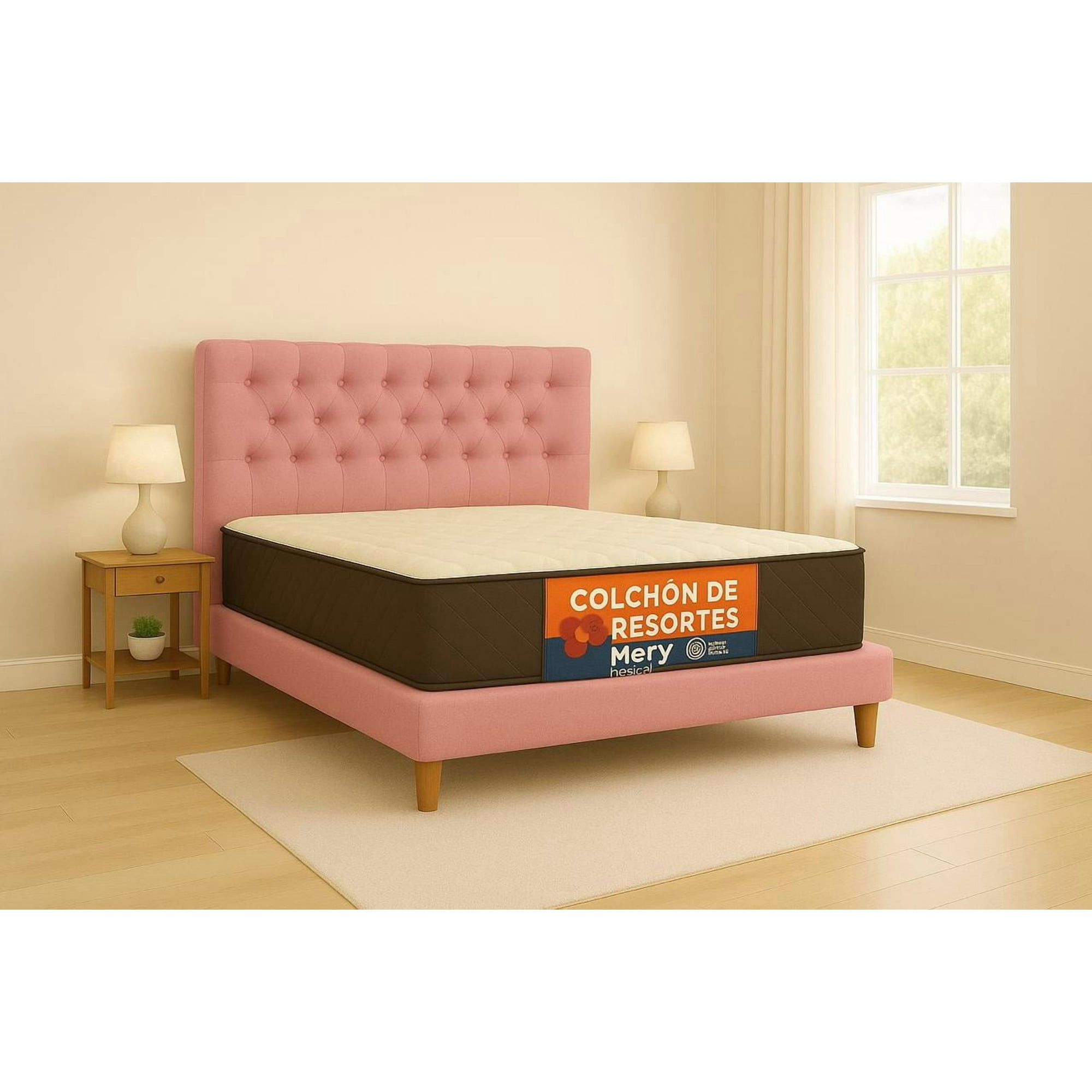 Ethan Desing - Cama Plaza Y Media Palo Rosa Capitone + Colchon Mery Desing