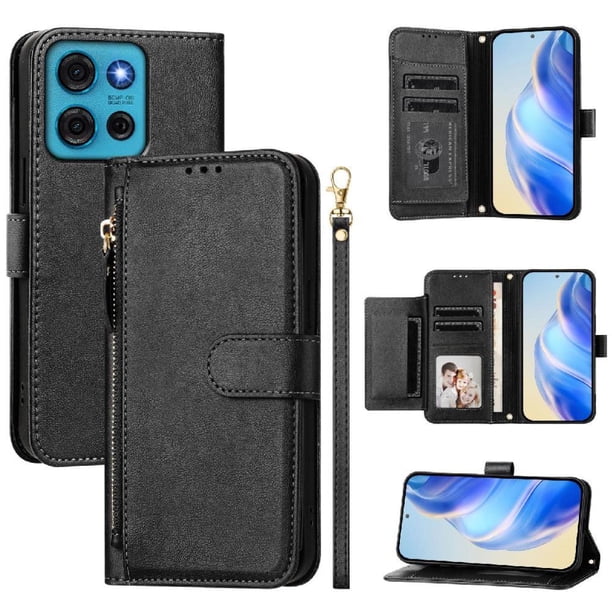 Funda Billetera Cremallera para Motorola MOTO G75 con Porta Tarjetas, Soporte y Correa Negro